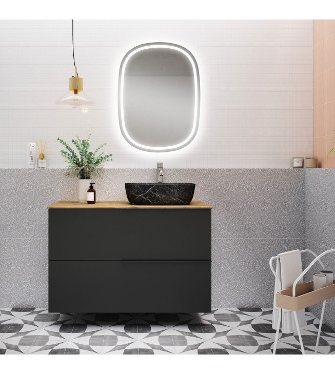 Mueble de baño suspendido Lemon negro mate y encimera madera