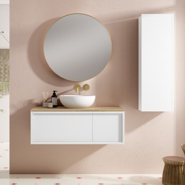 Mueble de baño suspendido HONEY blanco con tapa madera.