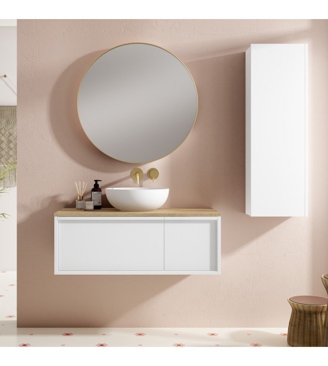 Mueble de baño suspendido HONEY blanco con tapa madera.