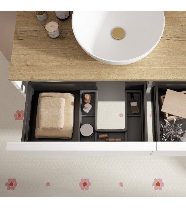 Mueble de baño suspendido HONEY blanco con tapa madera. Mueble de baño suspendido HONEY blanco con tapa madera.