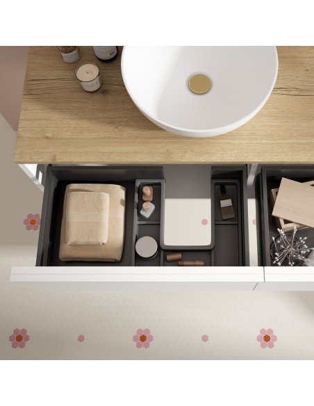 Mueble de baño suspendido HONEY blanco con tapa madera.