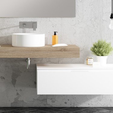 Mueble de baño suspendido COVELA con bancada madera y módulo blanco 2