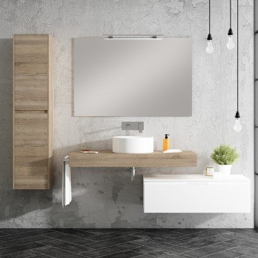 Mueble de baño suspendido COVELA con bancada madera y módulo blanco