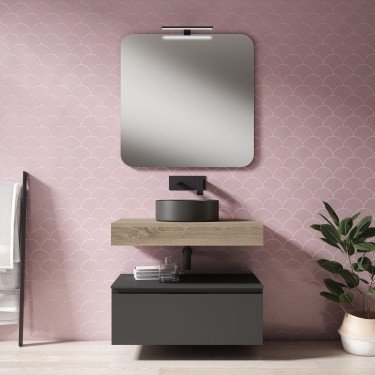 Mueble de baño suspendido COVELA con bancada madera y módulo antracita