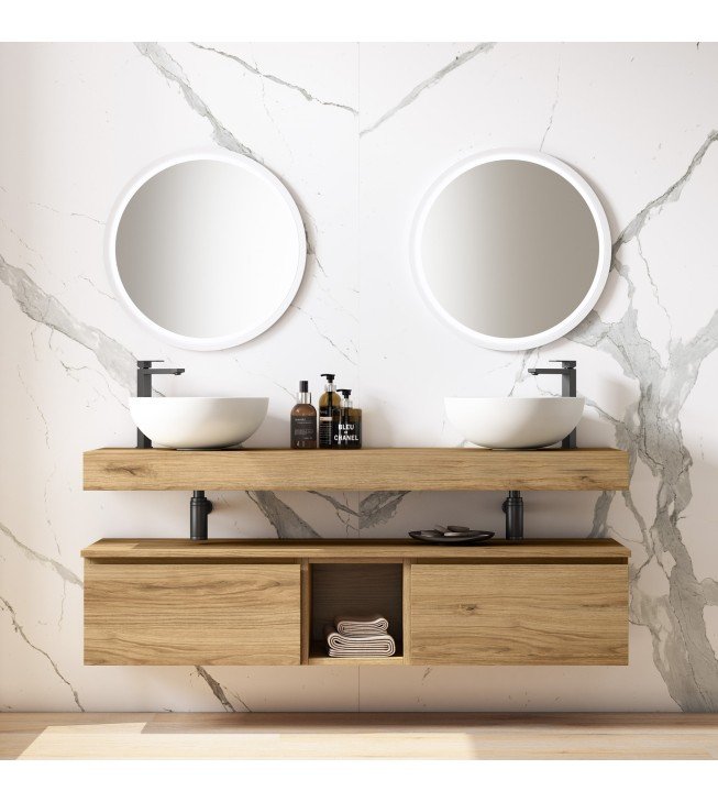 Mueble de baño suspendido ROBIN con bancada madera, mueble madera y modulo abierto