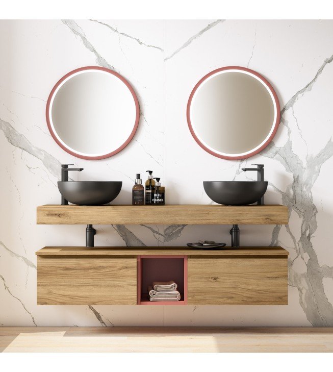 Mueble de baño suspendido ROBIN con bancada madera, mueble madera y modulo abierto