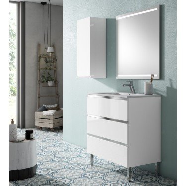 Mueble de baño al suelo LULU en blanco brillo con encimera cerámica